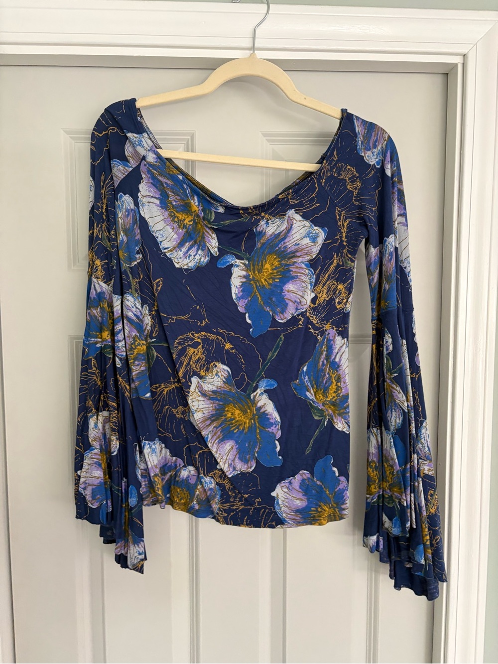 We The Free Navy Floral Bell-Sleeve Top with Gold Accents
